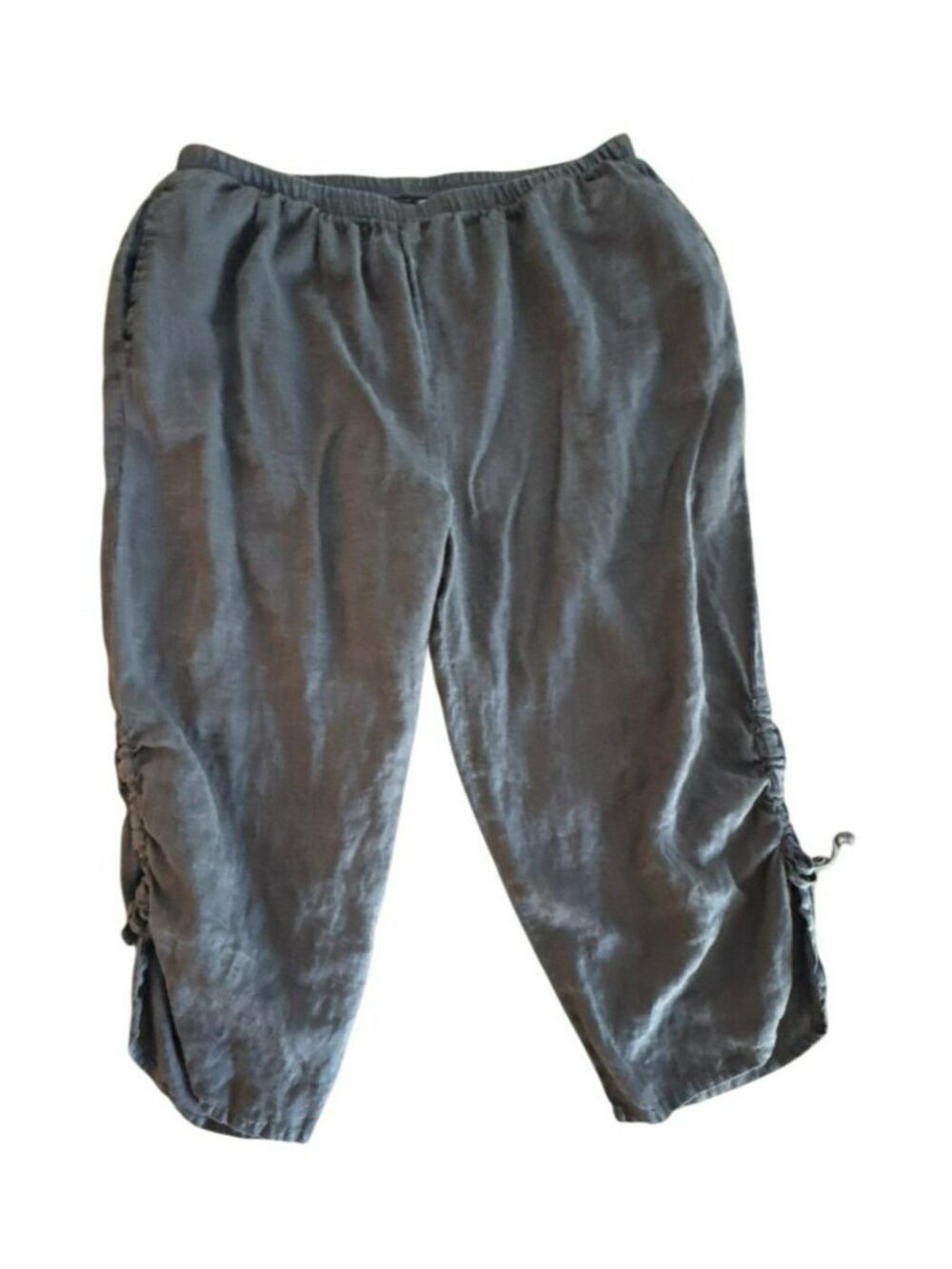 Flax Womens Large Linen Cropped Pants Gray Tie Side Ruched Lagenlook Coastal